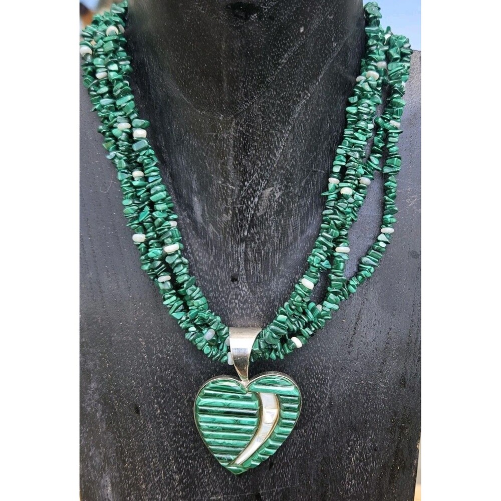 Jay King Mine Finds Sterling Silver Malachite & Pearl Heart 5 Strand Necklace